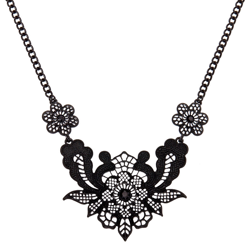 Crochet Flower Statement Necklace - Black,