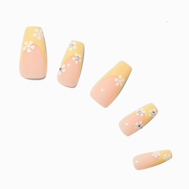 White Daisy Yellow French Tip Squareletto Vegan Faux Nail Set - 24 Pack,