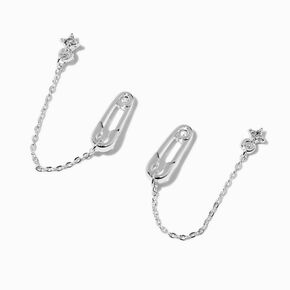 Clous d&#39;oreilles reli&eacute;s par une cha&icirc;ne &eacute;toile rayonnante et &eacute;pingle &agrave; nourrice couleur argent&eacute;e,