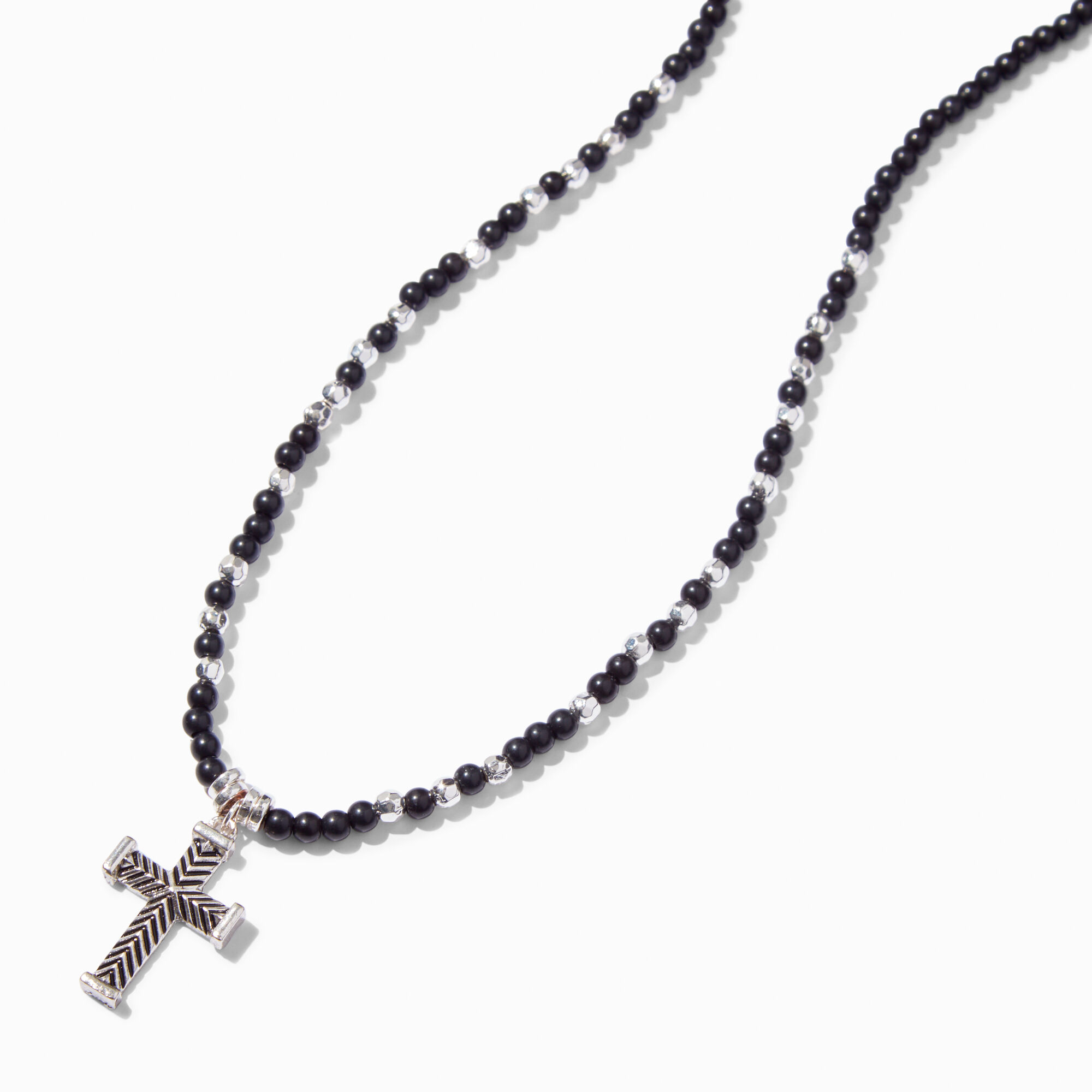 View Claires Beaded SilverTone Chevron Cross Pendant Necklace Black information