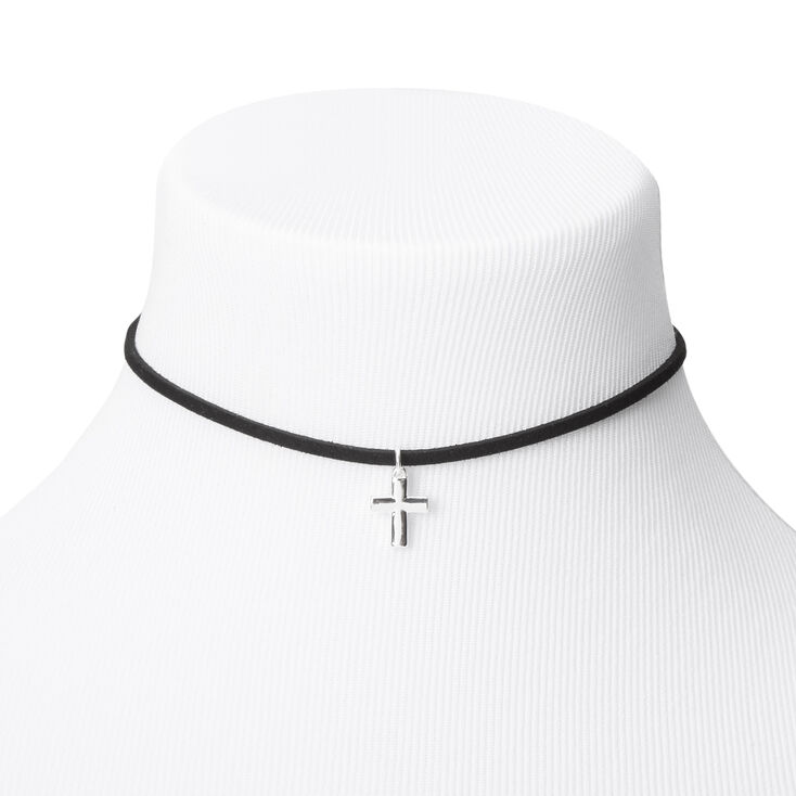 Silver Cross Choker Necklace - Black,