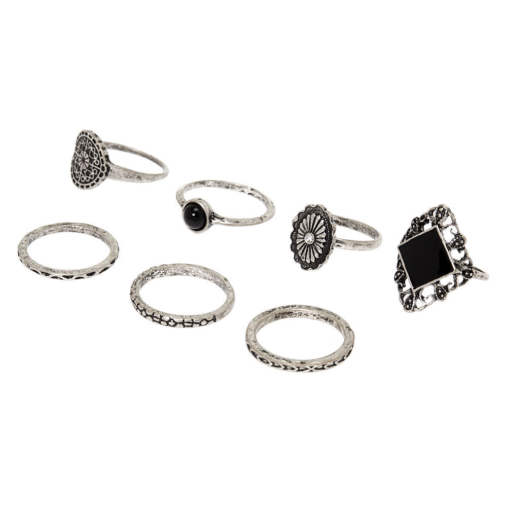 Silver Medallion Rings Black 7 Pack Claire s