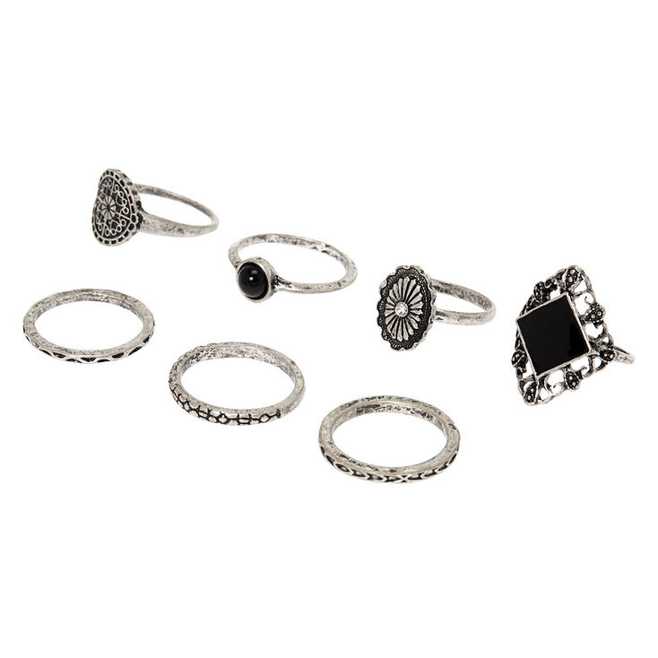 Silver Medallion Rings - Black, 7 Pack,