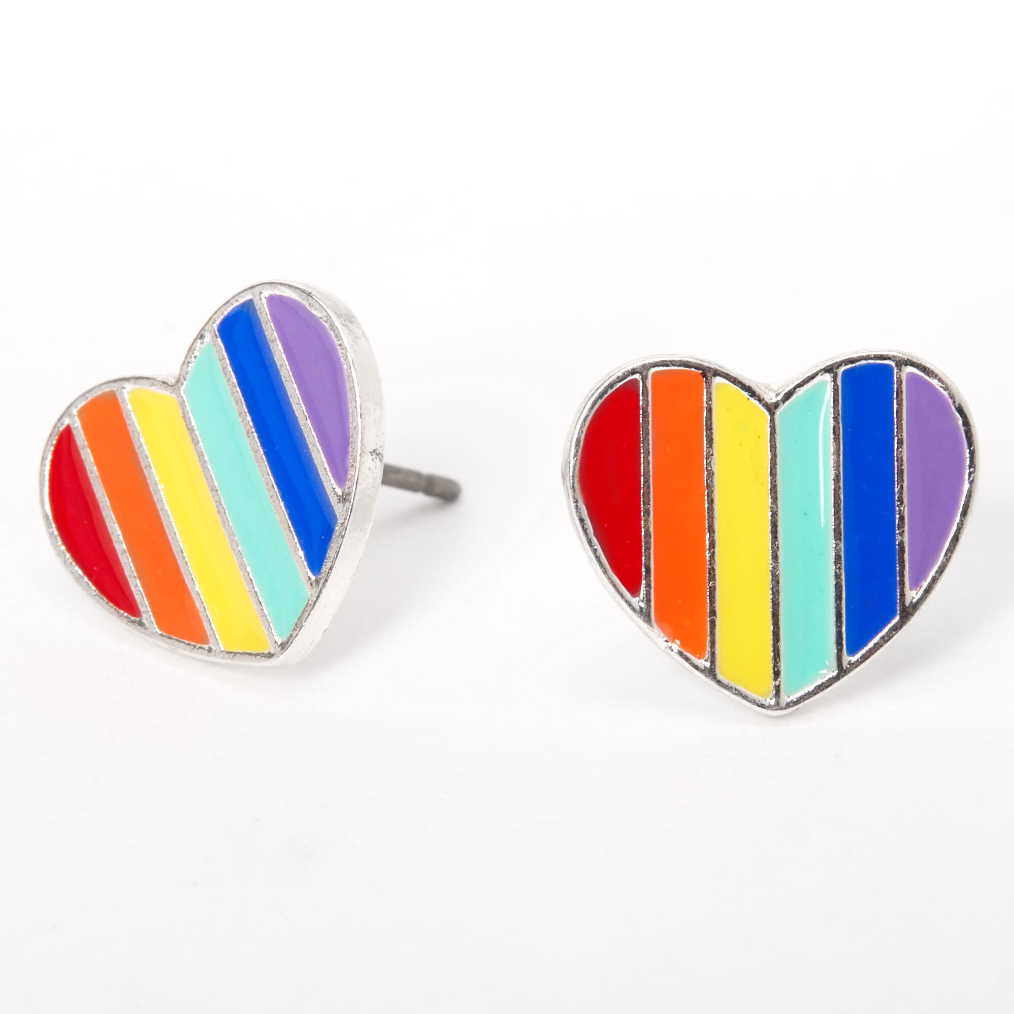 Silver Rainbow Striped Heart Stud Earrings Claire s US