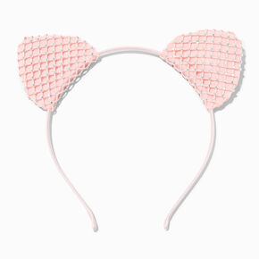 Pink Lace Rhinestone Cat Ears Headband,