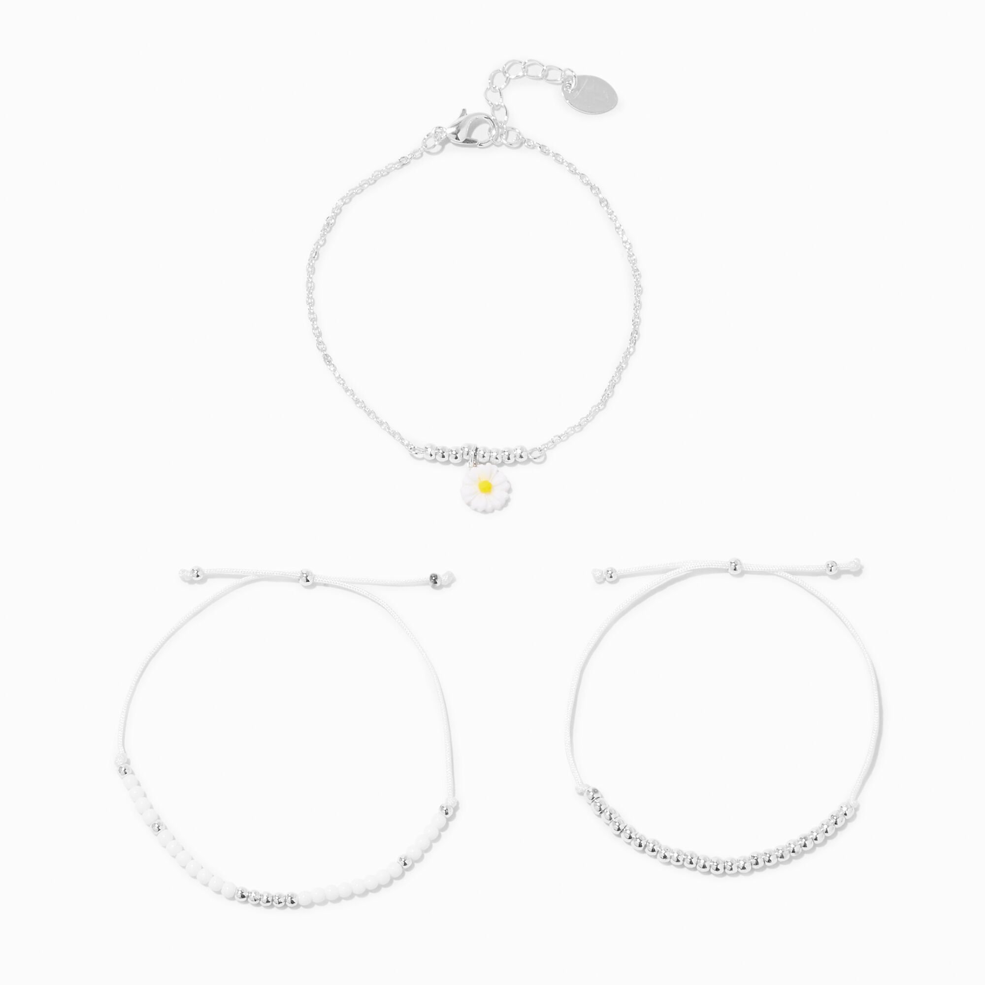 View Claires Tone Daisy Chainlink Beaded Bracelets 3 Pack Silver information