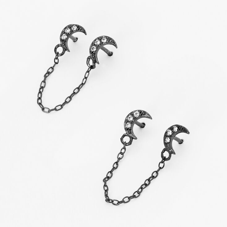 Sterling Silver Cubic Zirconia Black Moon Connector Chain Stud Earrings,