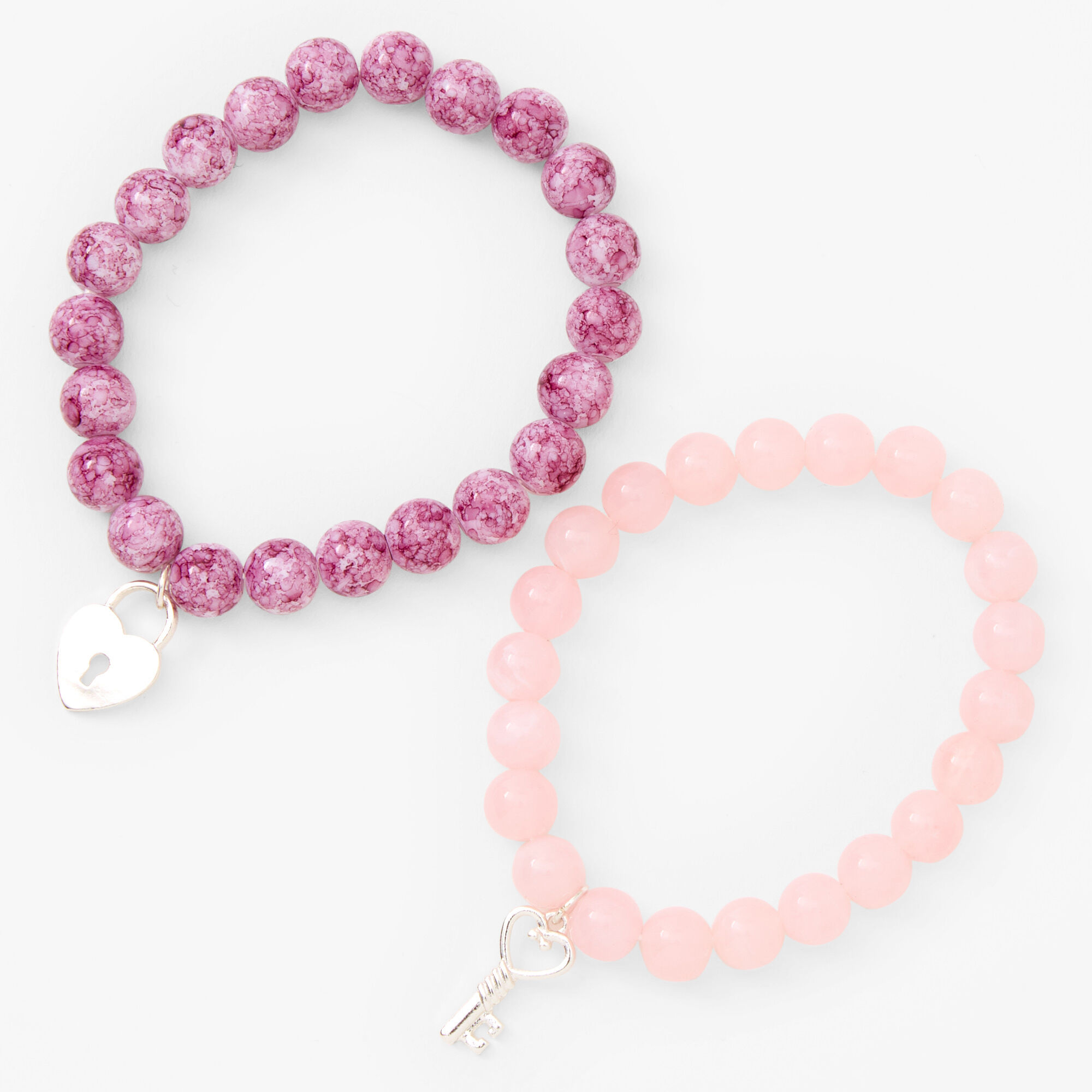 Claire's Heart Lock & Key Beaded Stretch Bracelet - Blush Pink | 2 Pack | Silver