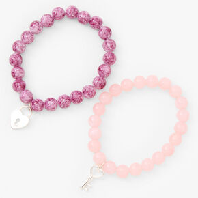 Silver Heart Lock &amp; Key Beaded Stretch Bracelet - Blush Pink, 2 Pack,