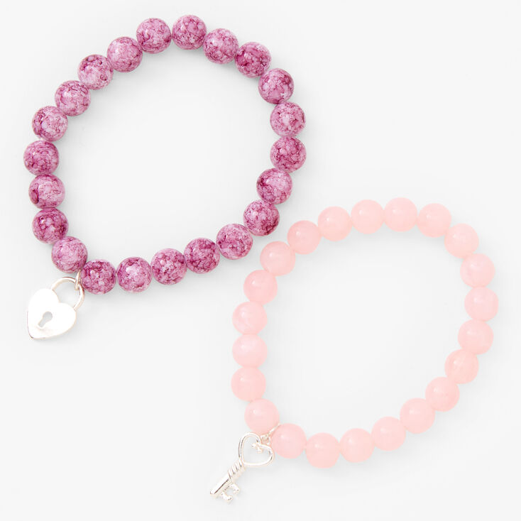 Pink Heart Lock &amp; Key Beaded Stretch Bracelets - 2 Pack,
