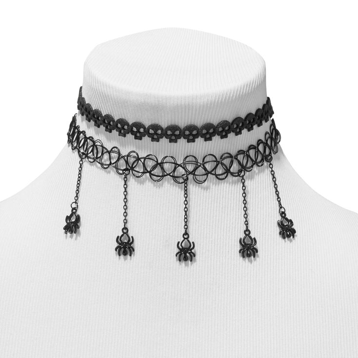 Black Skull &amp; Spider Tattoo Choker Necklaces - 2 Pack,