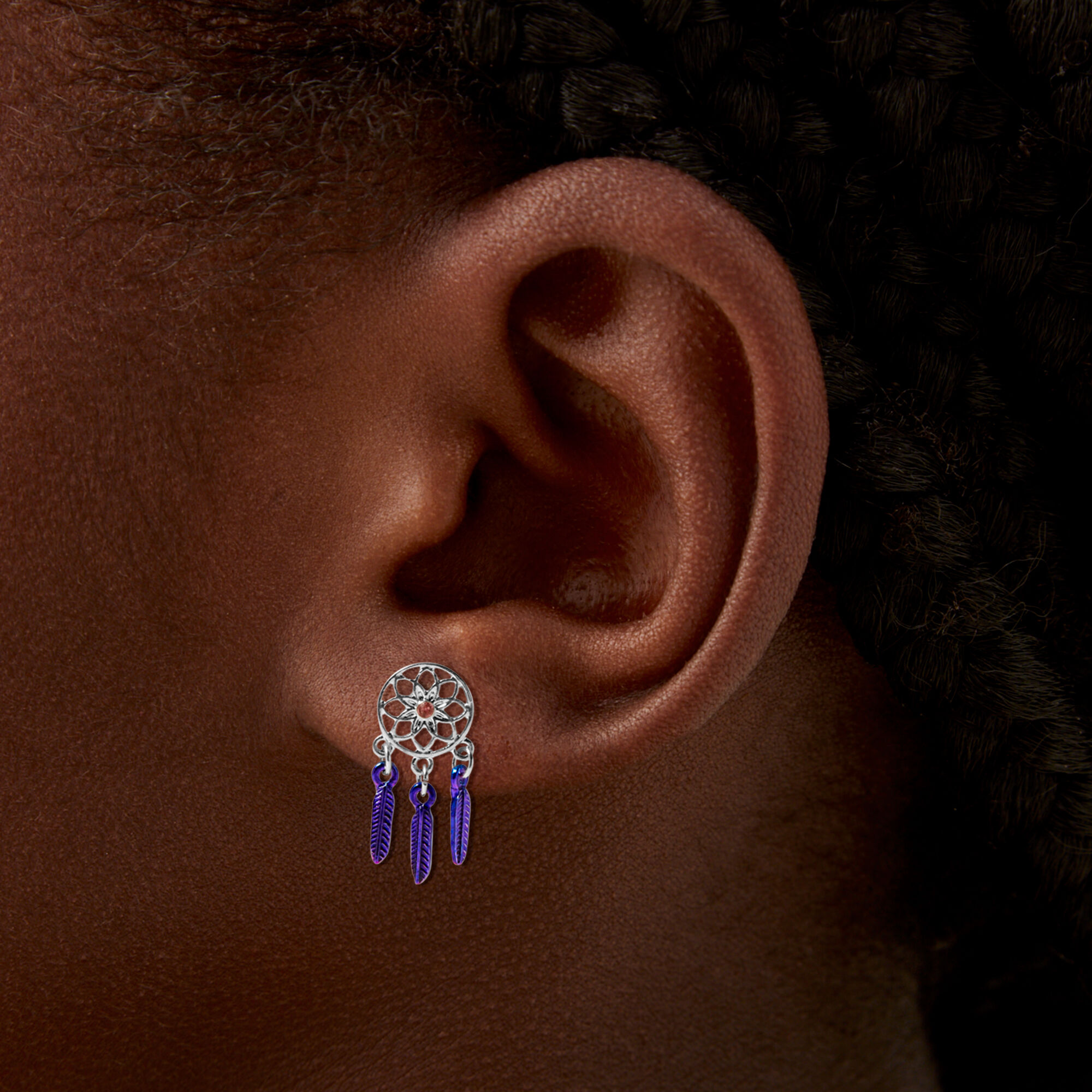 Silver Dreamcatcher Stud Earrings Purple