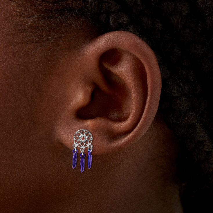 Purple Dreamcatcher Silver Stud Earrings,