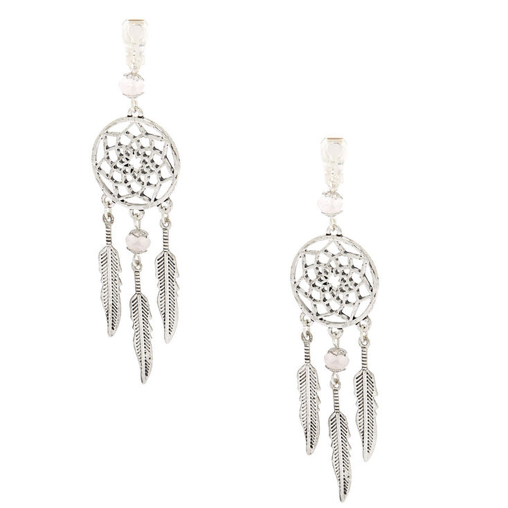 Silver 3&quot; Gem Dreamcatcher Clip On Drop Earrings - Pink,