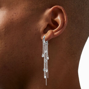 Cubic Zirconia Fringe 3&quot; Silver Huggie Hoop Earrings,