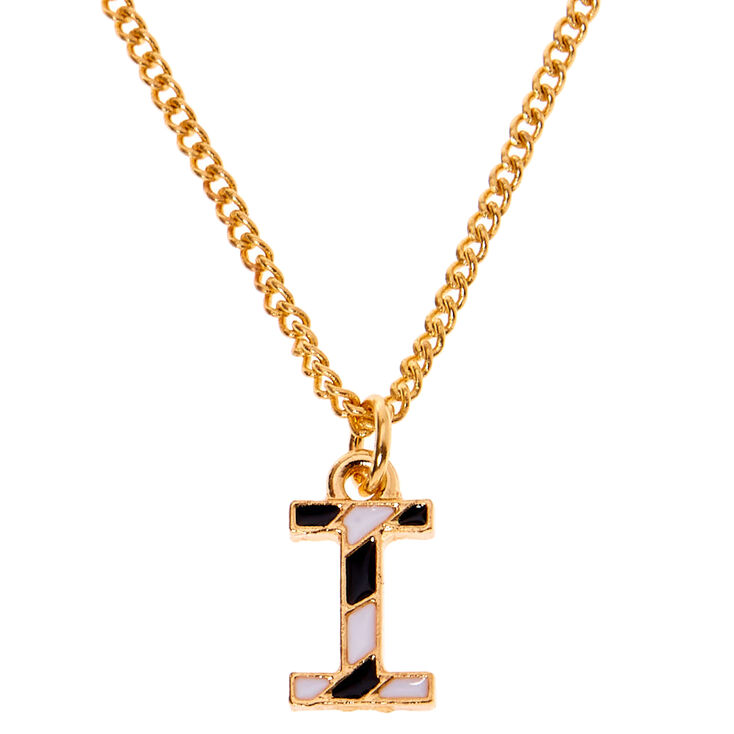 Gold Striped Initial Pendant Necklace - I,