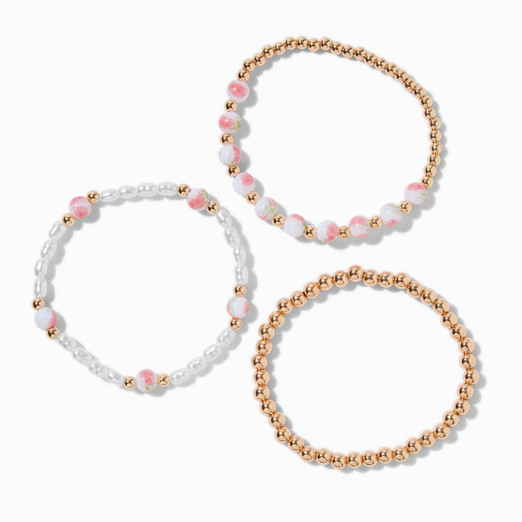 Pink Rose Beaded Stretch Bracelets - 3 Pack,