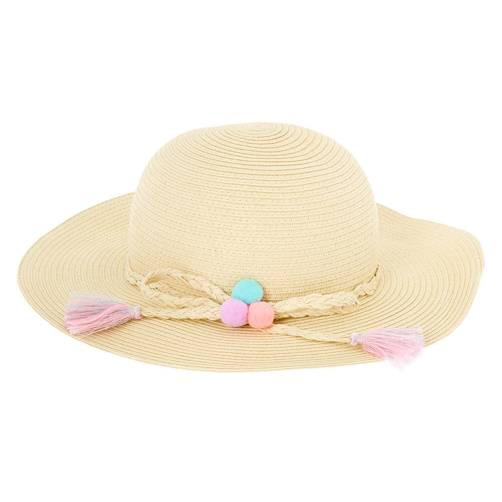 Claire s Club Pom Pom Floppy Straw Hat Tan