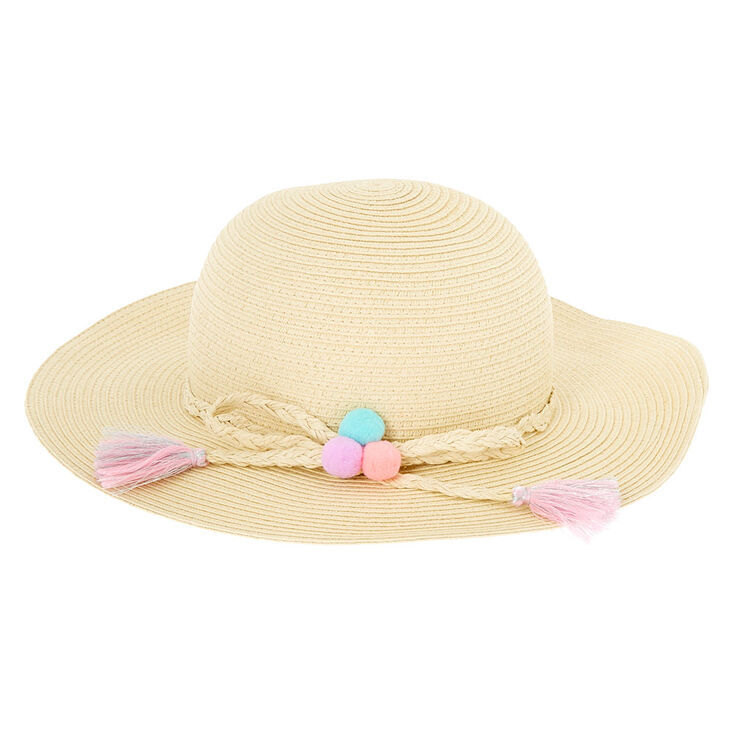 Claire&#39;s Club Pom Pom Floppy Straw Hat - Tan,