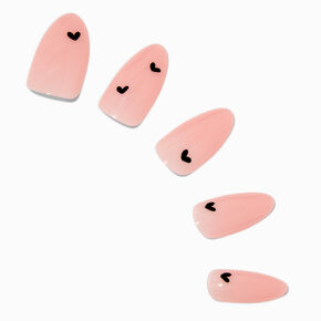 Black Heart Pink Long Almond Vegan Faux Nail Set - 24 Pack,