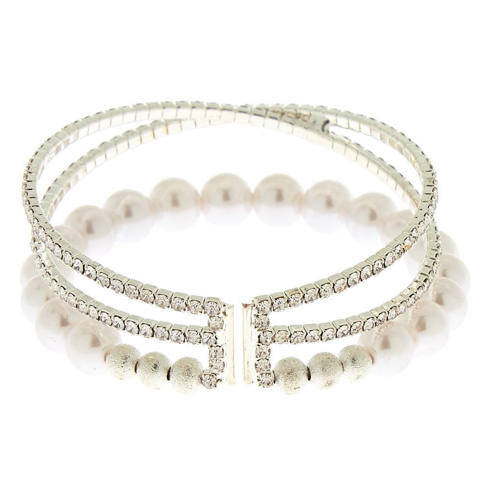 Silver Rhinestone & Pearl Cuff Bracelet,