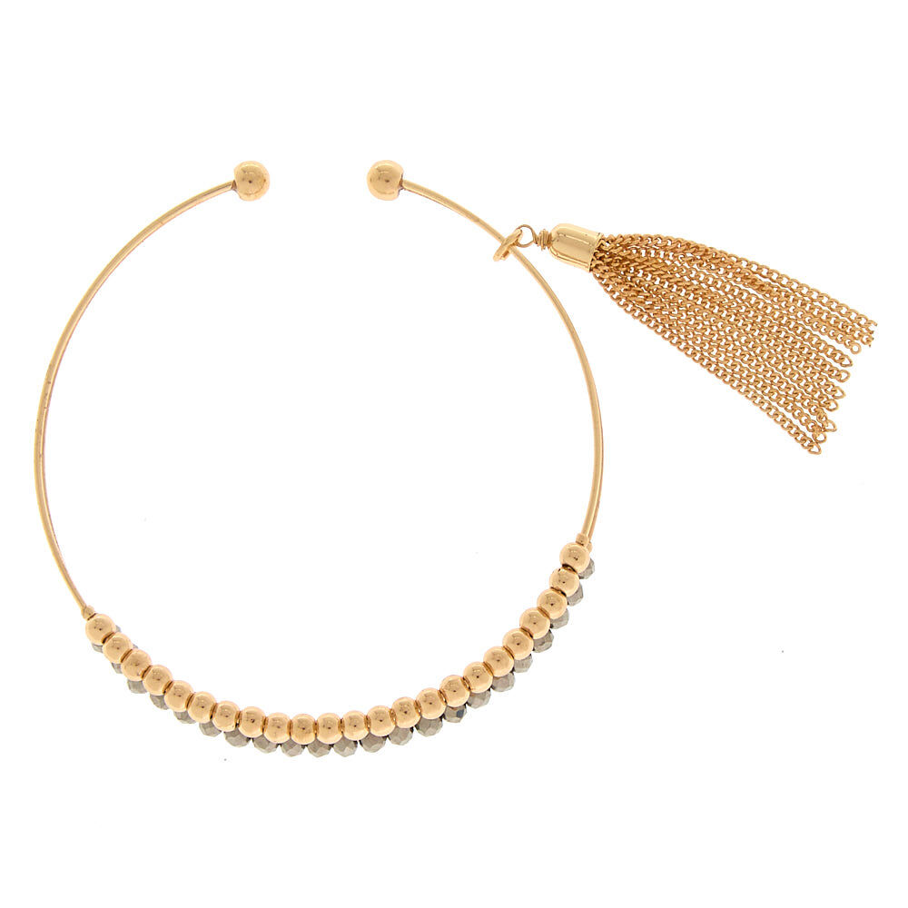 Gold Beaded Tassel Cuff Bracelet - Silver,