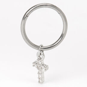 Boucle d&#39;oreille pour piercing de cartilage avec breloque croix en strass 16&nbsp;g couleurs argent&eacute;e et titan&eacute;e,