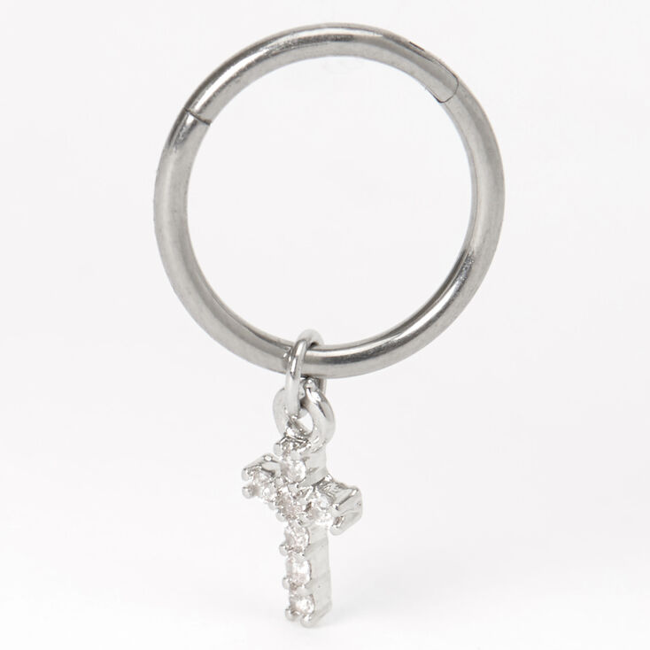 Boucle d&#39;oreille pour piercing de cartilage avec breloque croix en strass 16&nbsp;g couleurs argent&eacute;e et titan&eacute;e,