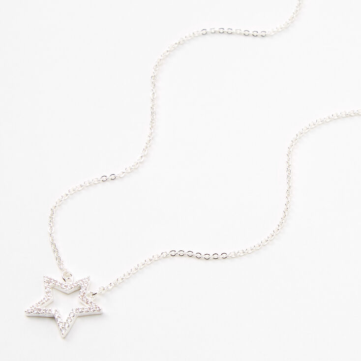 Silver Rhinestone Star Outline Pendant Necklace,