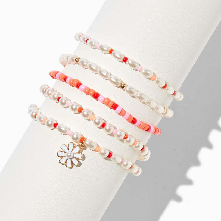 Pearl Beaded Stretch Bracelets - 5 Pack ,