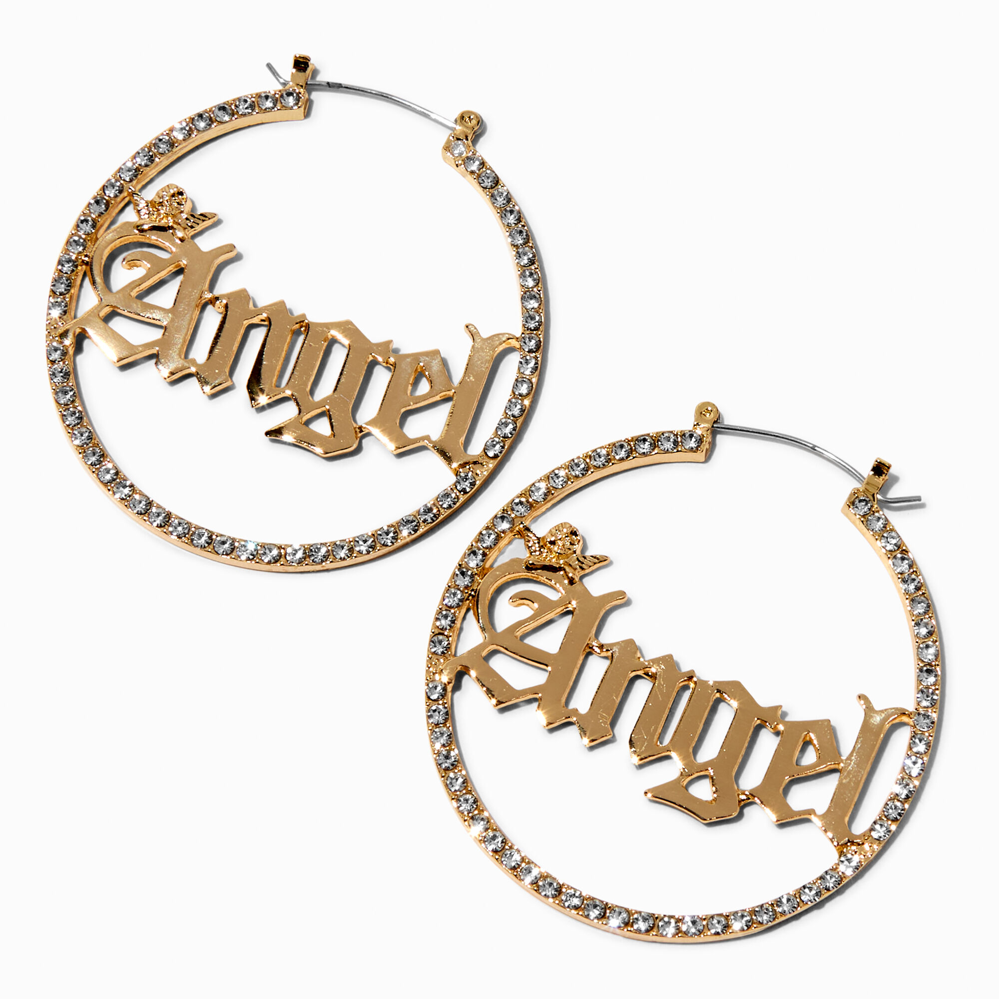 View Claires Tone Crystal Angel 70MM Hoop Earrings Gold information