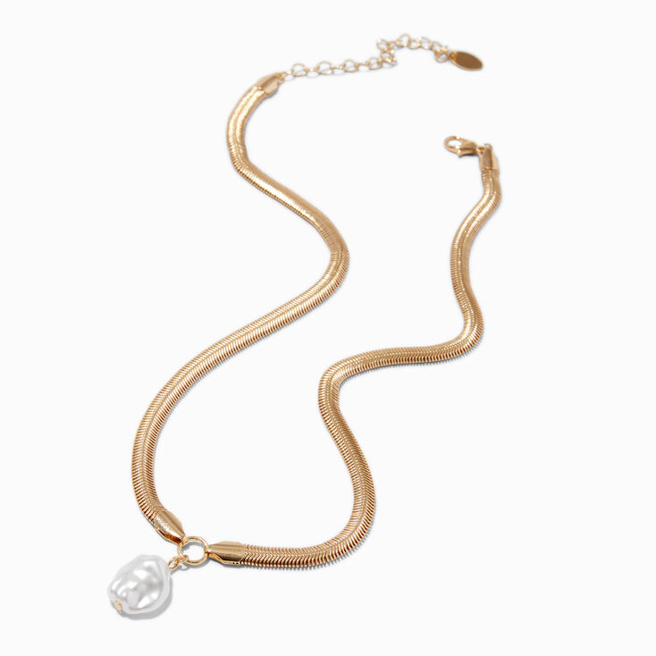 Gold-tone Herringbone Pearl Pendant Necklace ,