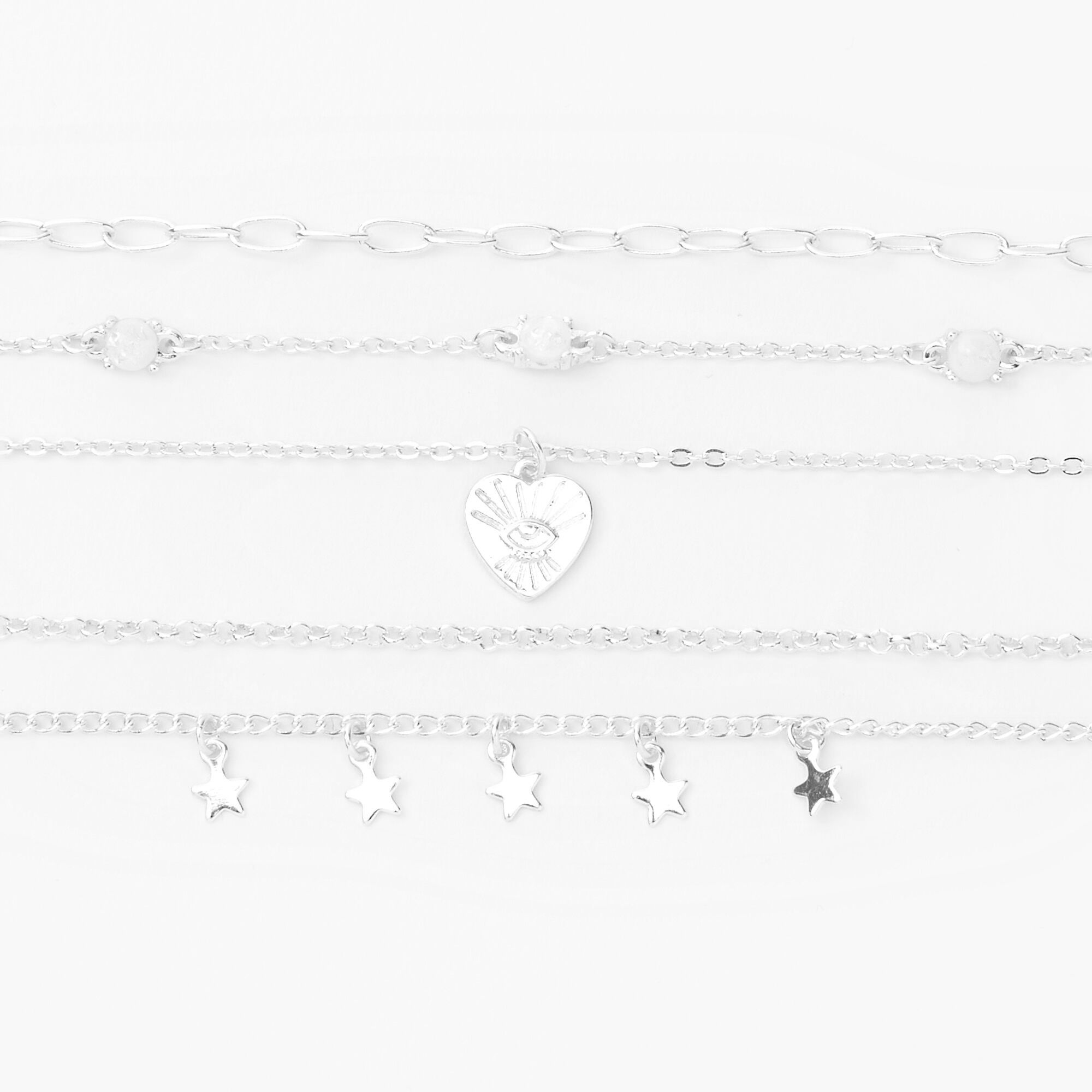Silver Evil Eye Heart & Star Chain Bracelets - 5 Pack,