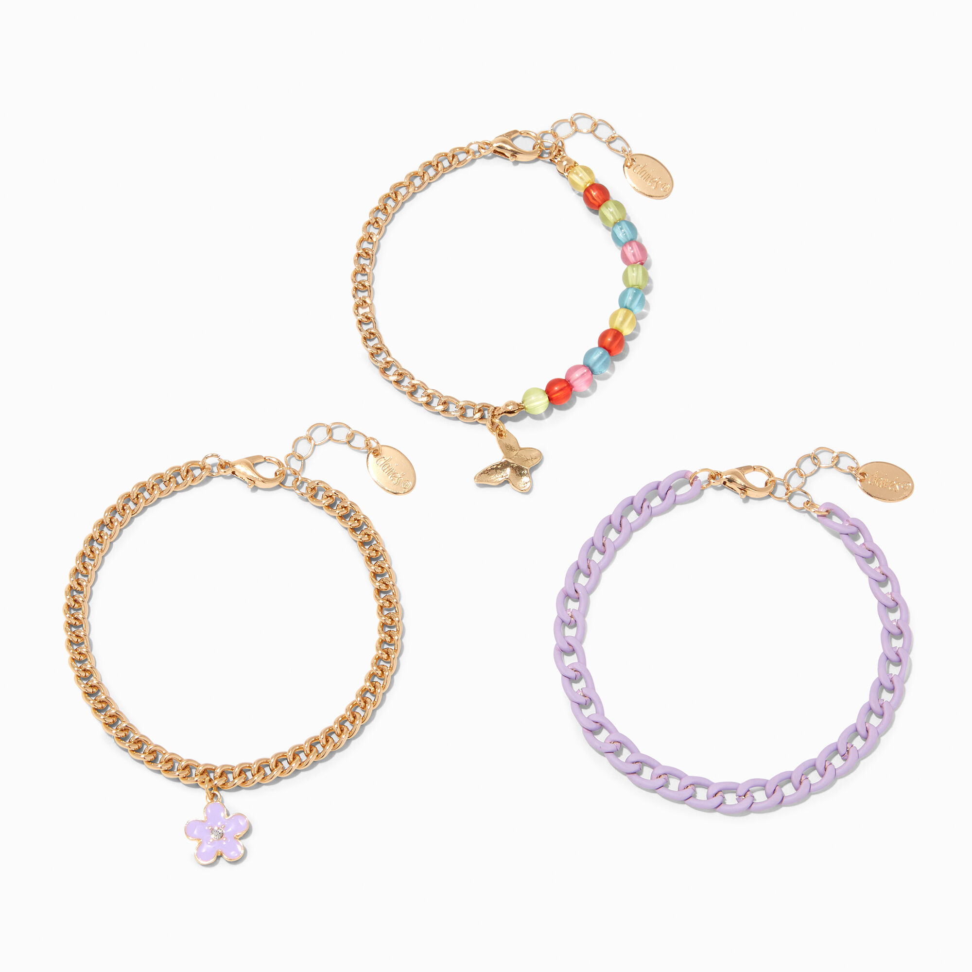 View Claires GoldTone Daisy Butterfly Curb Chain Bracelets 3 Pack Purple information