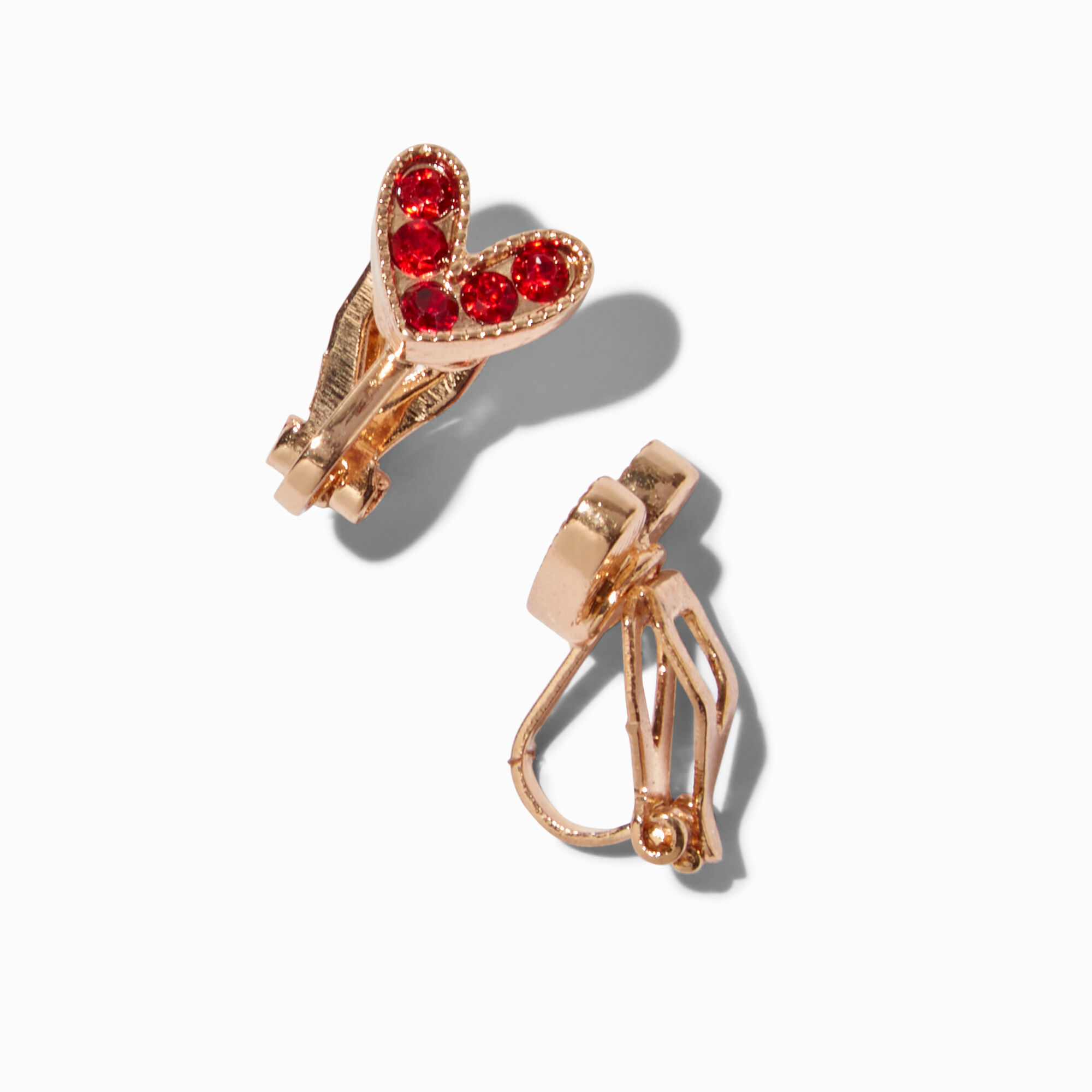 Red Rhinestone Heart Clip-On Stud Earrings ,