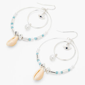Silver Seashell Evil Eye Double Circle 2&quot; Drop Earrings,