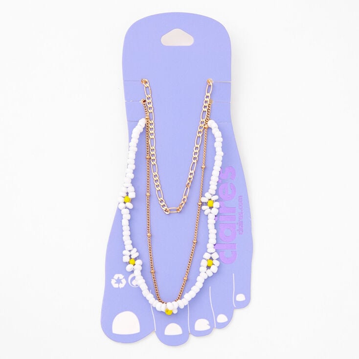 Gold Beaded Daisy Chain Anklets - 3 Pack,