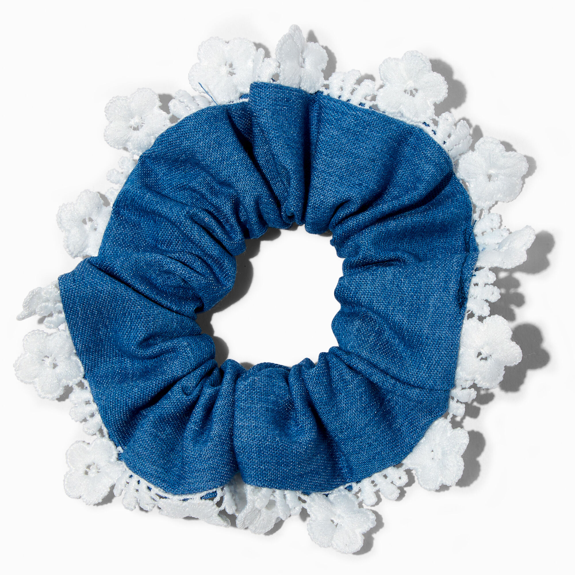 View Claires Floral Trim Denim Hair Scrunchie Bracelet information