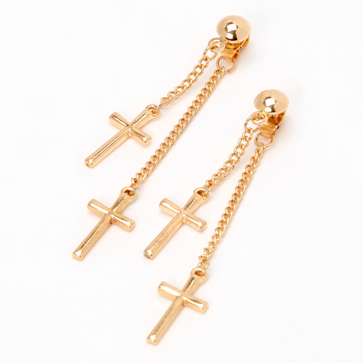 Gold 2&quot; Double Cross Front and Back Drop Earrings,