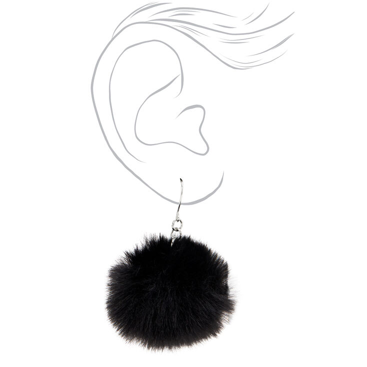 Silver 2&quot; Pom Pom Drop Earrings - Black,