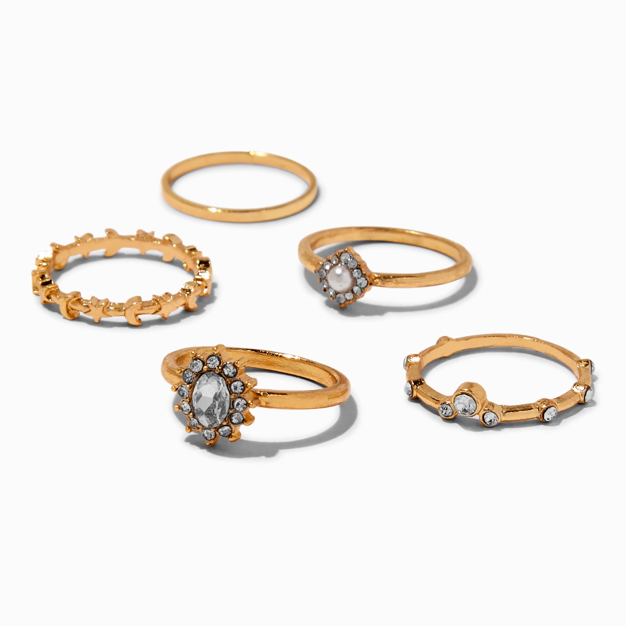 View Claires Tone VintageInspired Crystal Ring Stack 5 Pack Gold information
