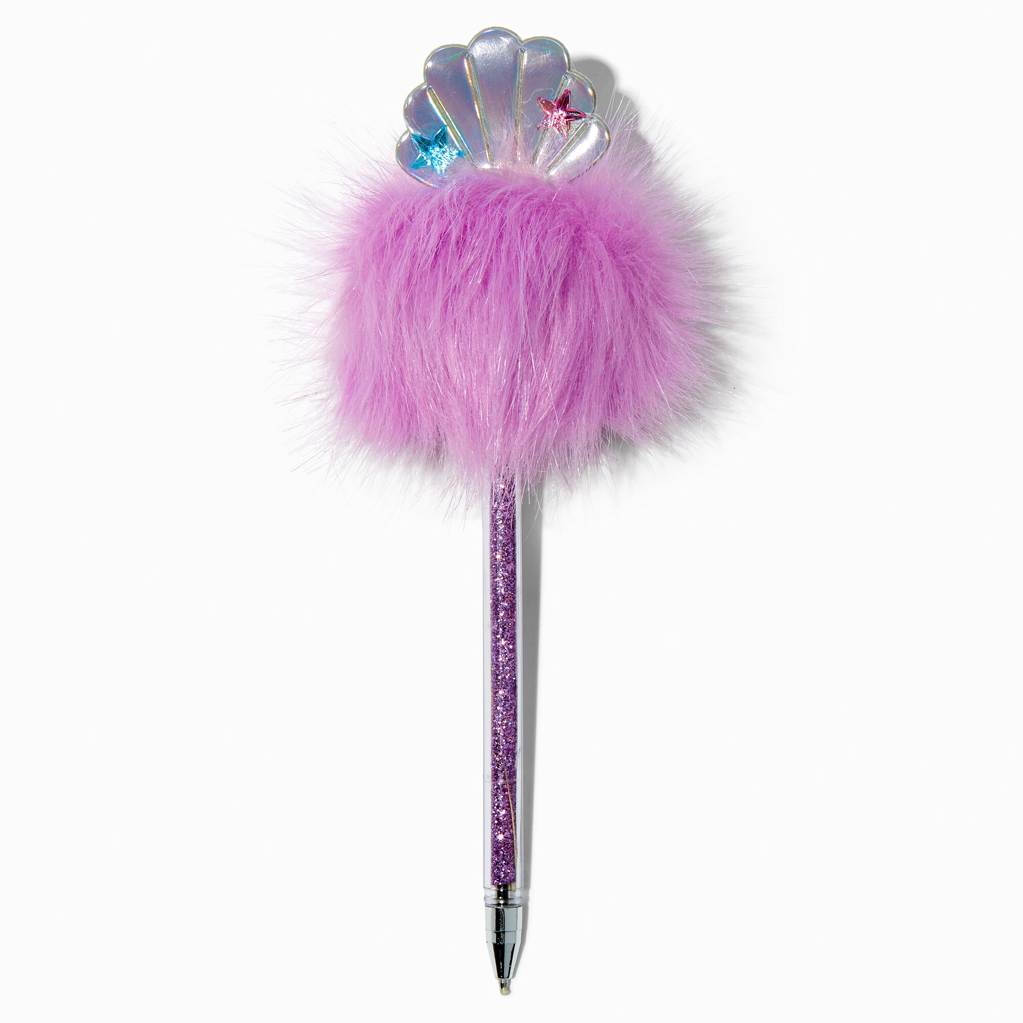 View Claires Iridescent Shell Pom Pen Pink information