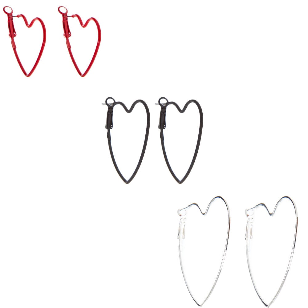Red, Black, Silver Graduated Heart Hoop Earrings - 3 Pack,