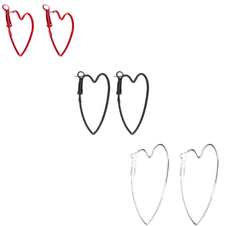 Red, Black, Silver Graduated Heart Hoop Earrings - 3 Pack,