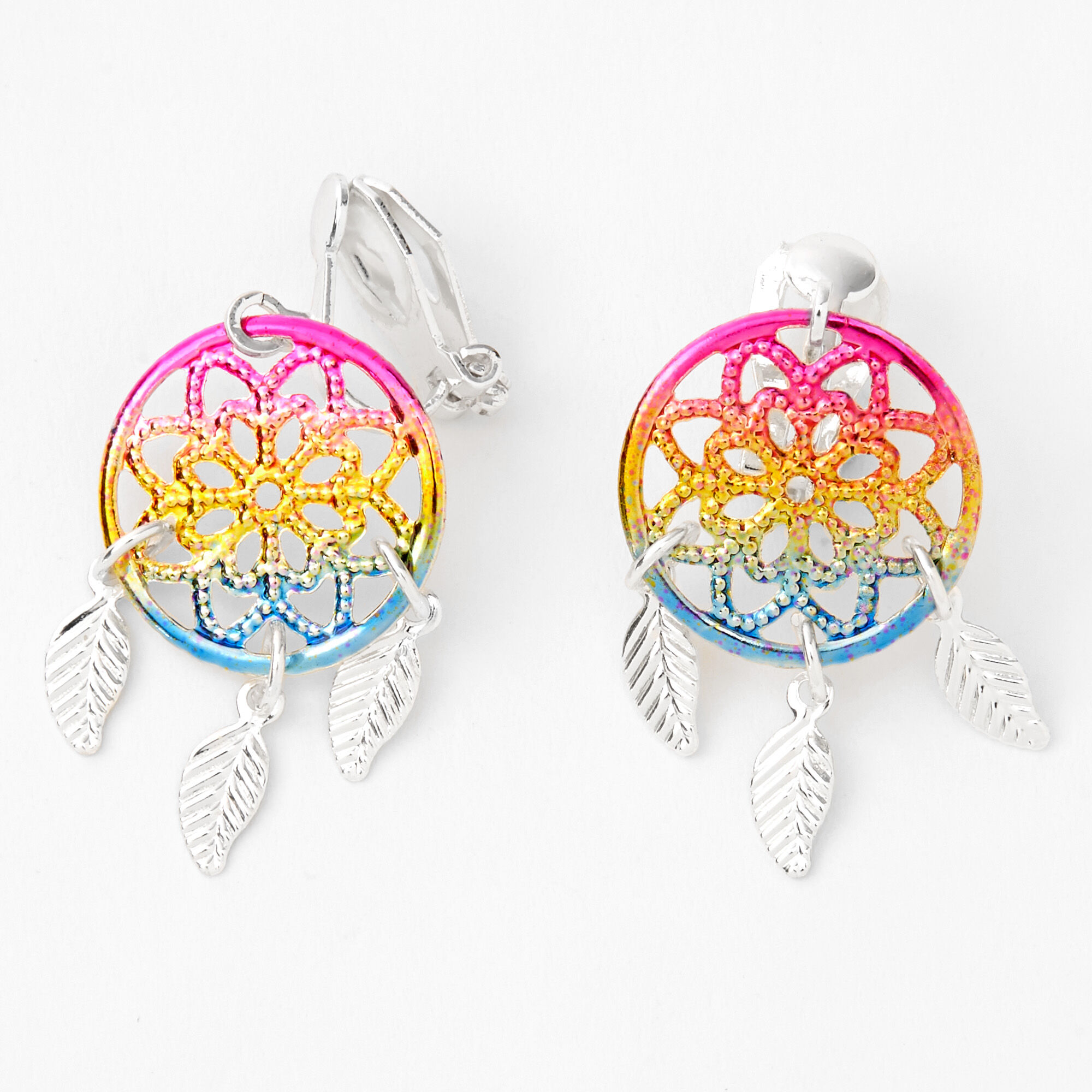 Silver 1.5" Rainbow Dreamcatcher Clip On Drop Earrings,