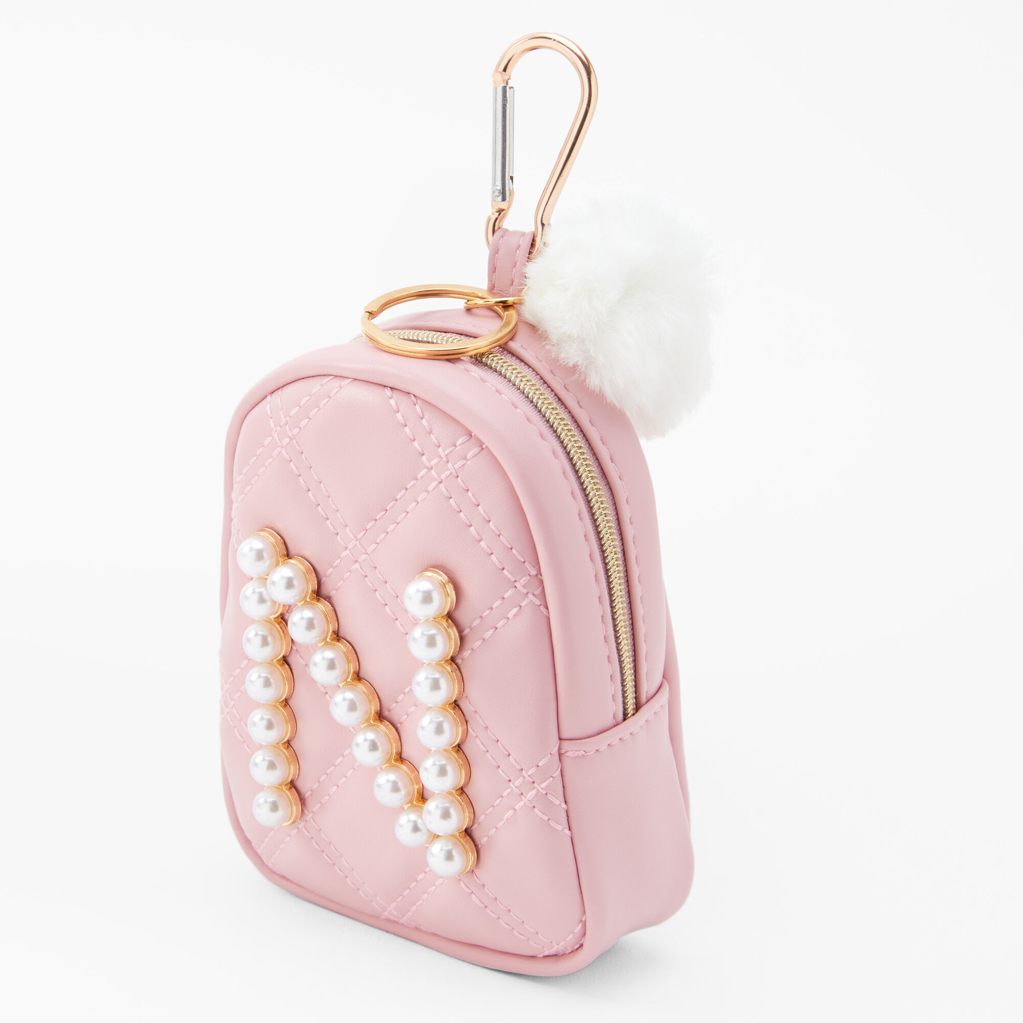 Claire's Porte-clés mini sac à dos perles d’imitation à initiale - Rose tendre, N