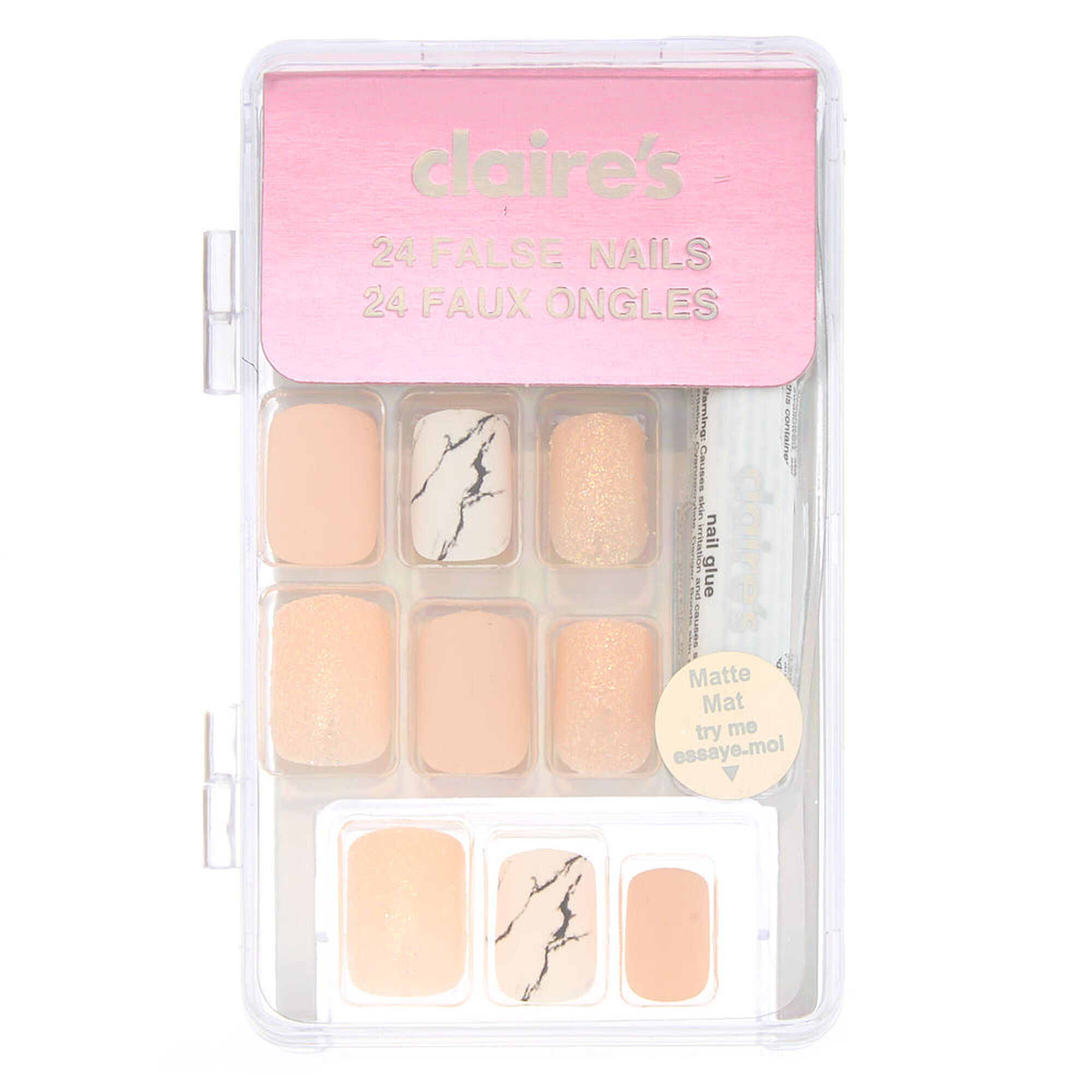 Matte Marble Square Faux Nail Set - Pink, 24 Pack,