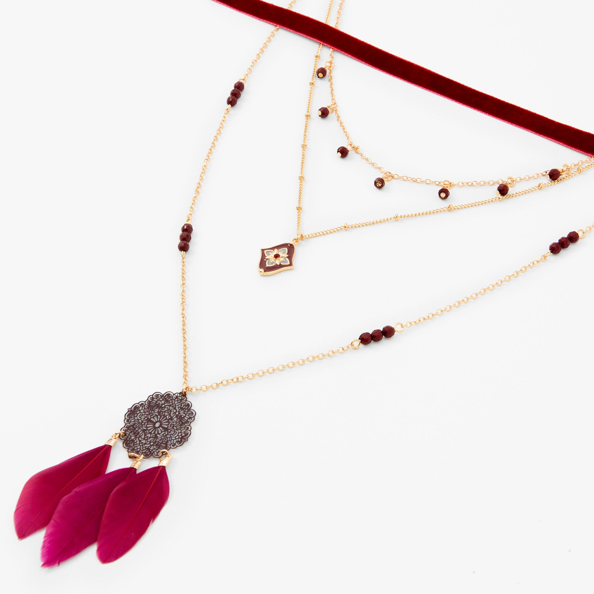 Burgundy Feather Medallion Multi Strand Necklace Set 2 Pack