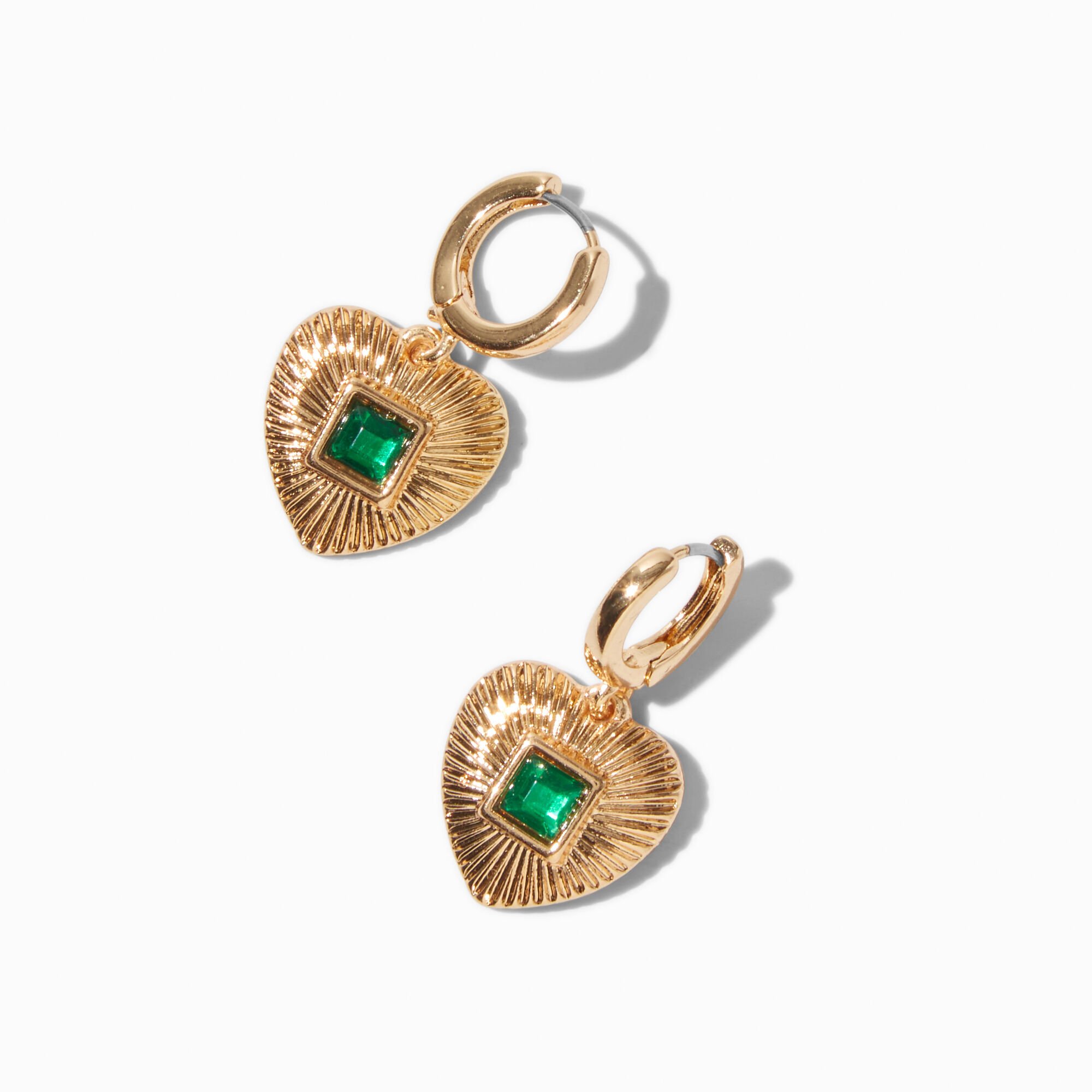 Gold-tone Green Radiant Heart Hoop Earrings,