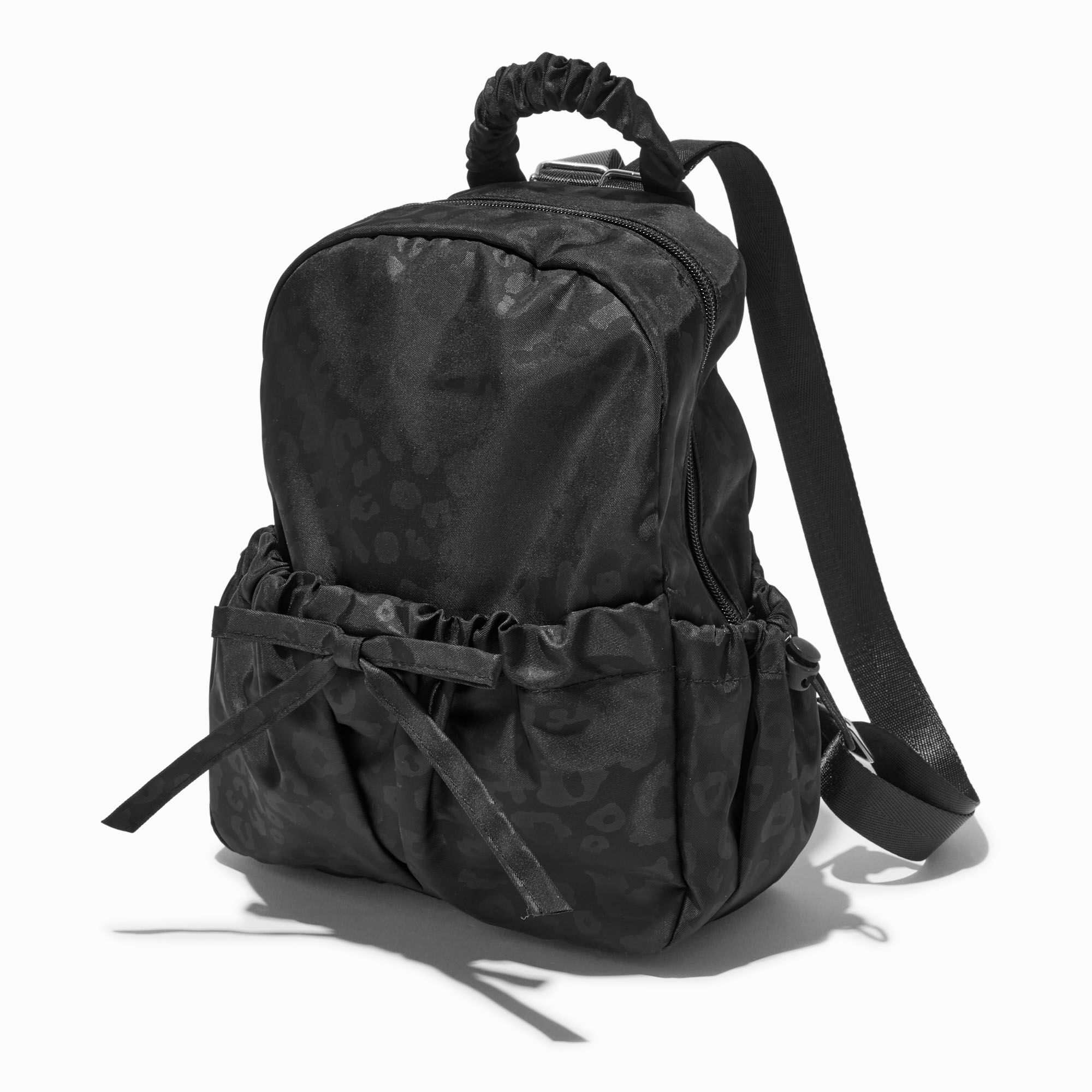 Black Cheetah Print Nylon Backpack,